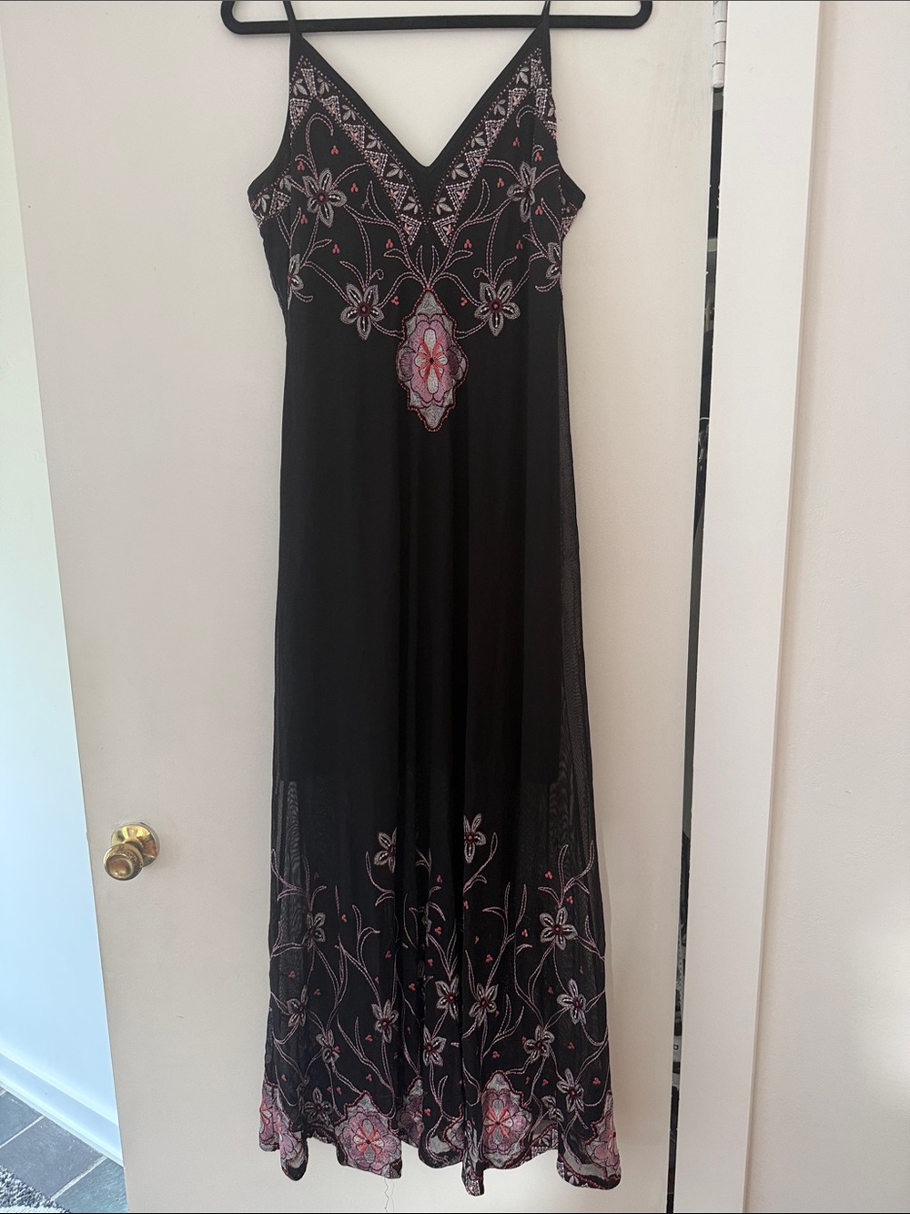 White House Black Market Black Maxi Dress with Pink Embroidery